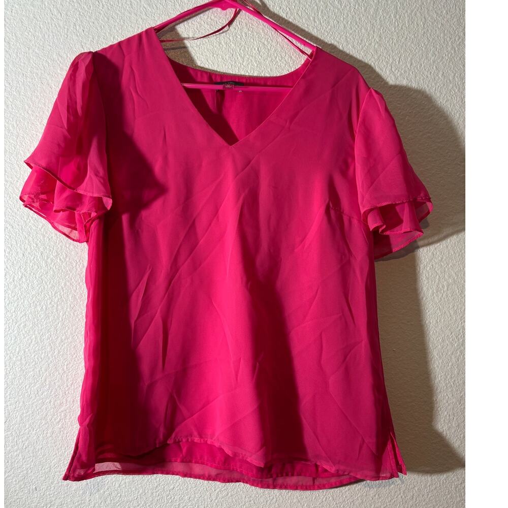 Vince Camuto Women's Size M Hot Pink Flutter Sleeve V-Neck Layered Blouse Top